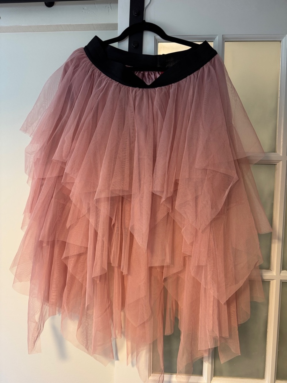 Asymmetrical Pink Layered Tulle Skirt with Black Waistband